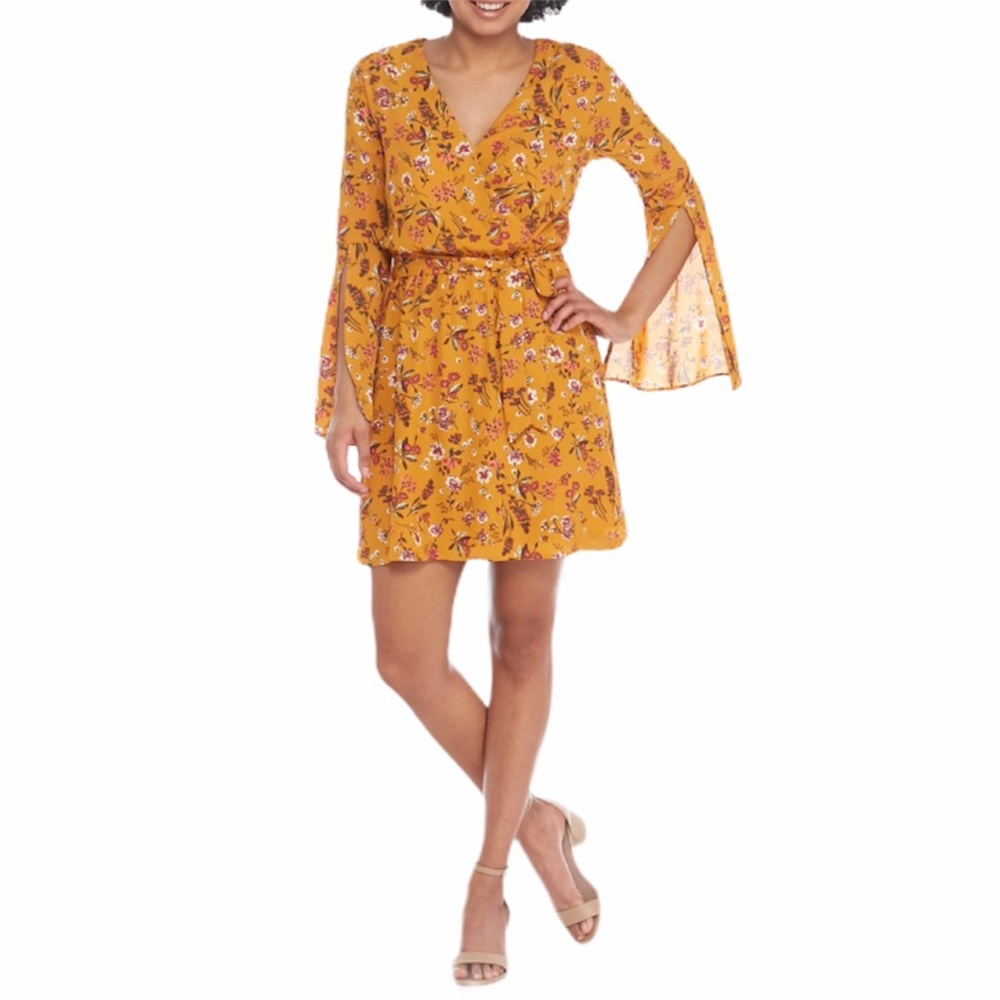 As You Wish Yellow Floral Long Sleeve Wrap Dress